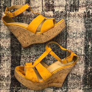 J. Crew Mustard Yellow Suede Wedge Sandals